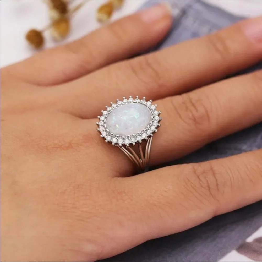 NEW Women’s 925 Silver White Opal Diamond Ring - Picture 4 of 4